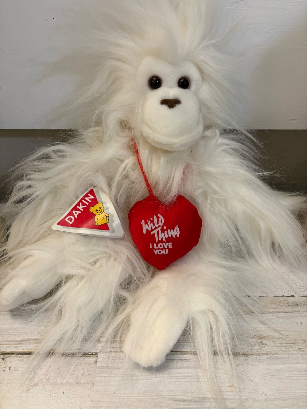 Dakini White Plush Long-Haired Monkey with Red Heart Pendant Vintage 1990